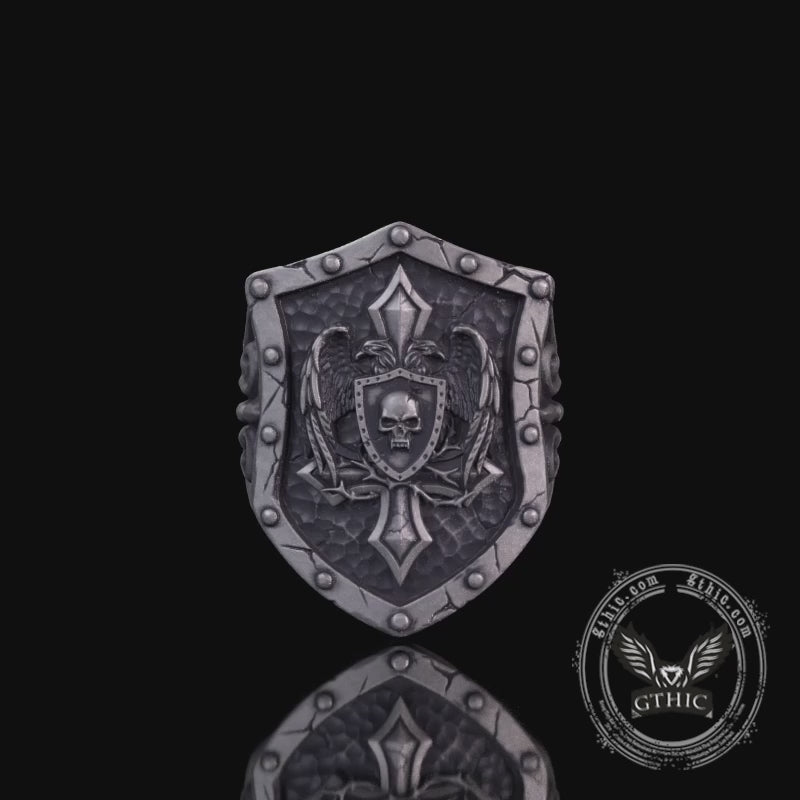 Retro Winged Skull Shield Cross Sterling Silver Ring