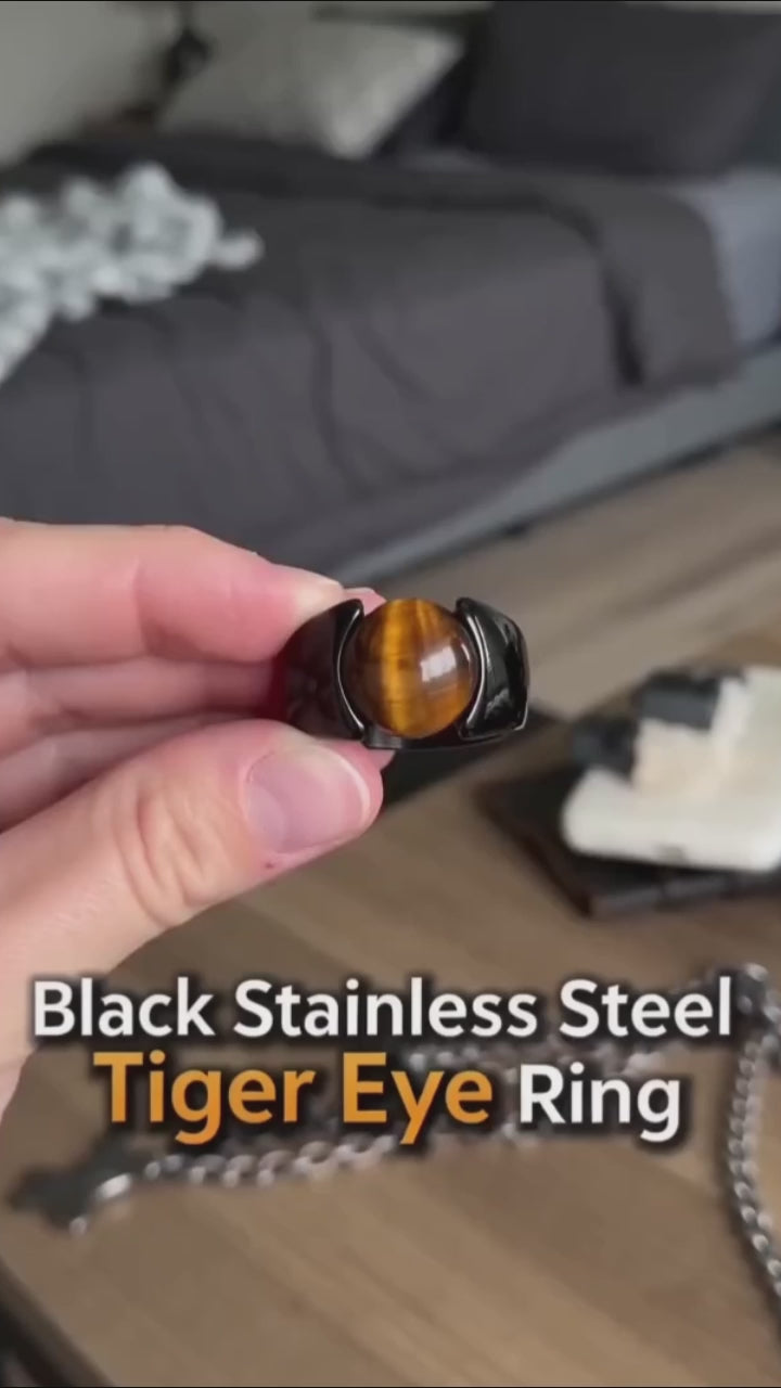 Simple Black-Plated Tiger's Eye Stainless Steel Ring