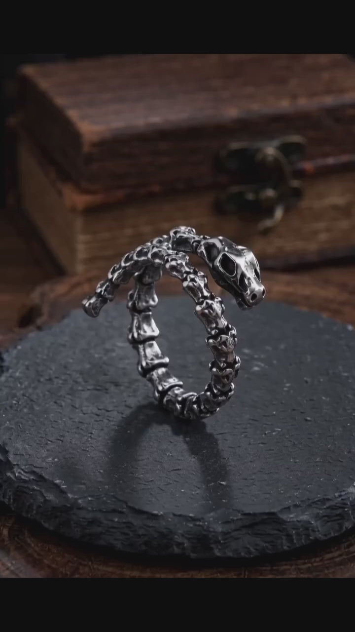 Vintage Snake Bone Stainless Steel Skull Open Ring