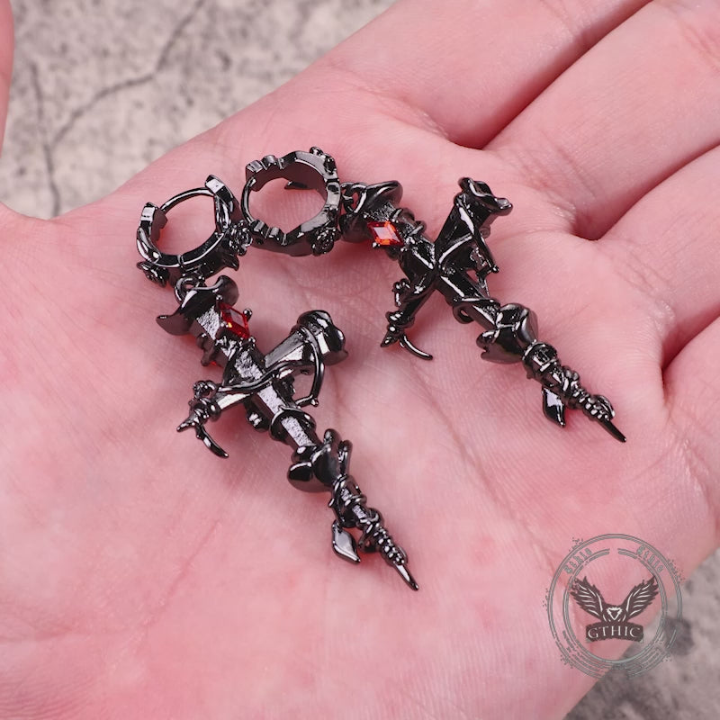 Gothic Thorns Rose Nails Cross Copper Stud Earrings