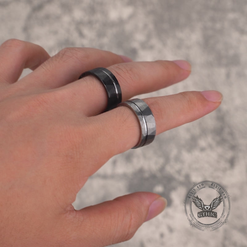 Simple Flat Hammered Tungsten Steel Wide Ring