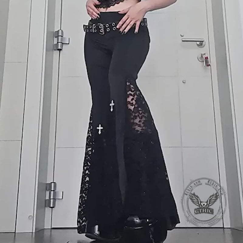 Punk Cross Decoration High-Rise Lace Hollow Flared Pants