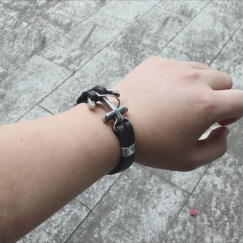 Black Leather Anchor Stainless Steel Marine Bracelet