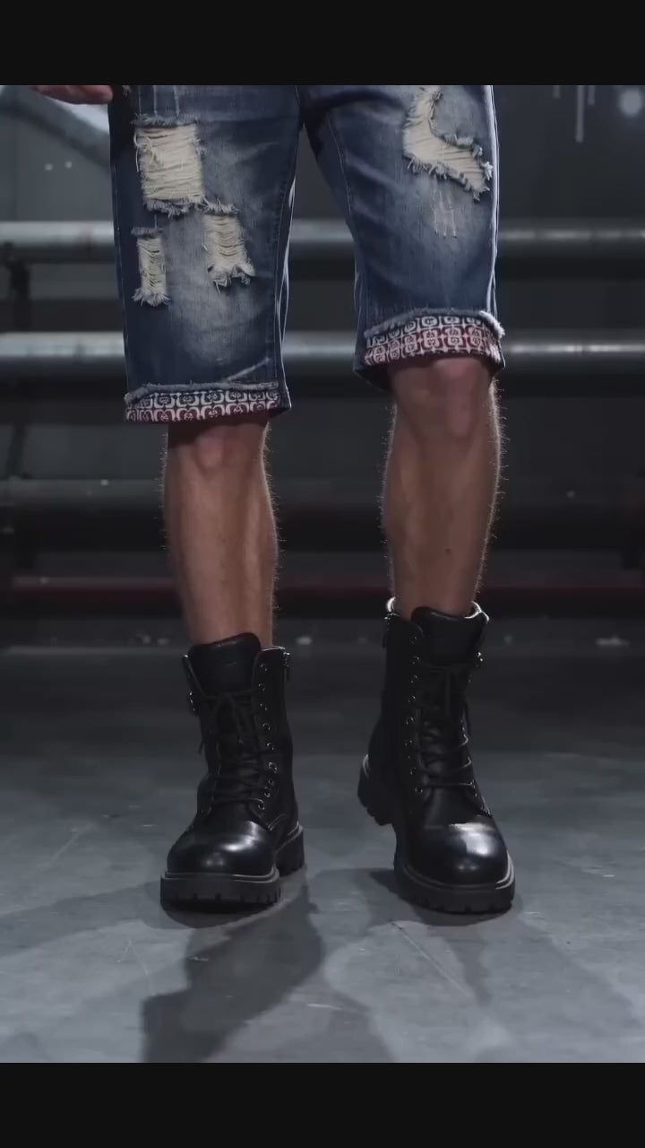 Punk-Style Distressed Straight-Leg Denim Shorts