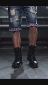 Punk-Style Distressed Straight-Leg Denim Shorts