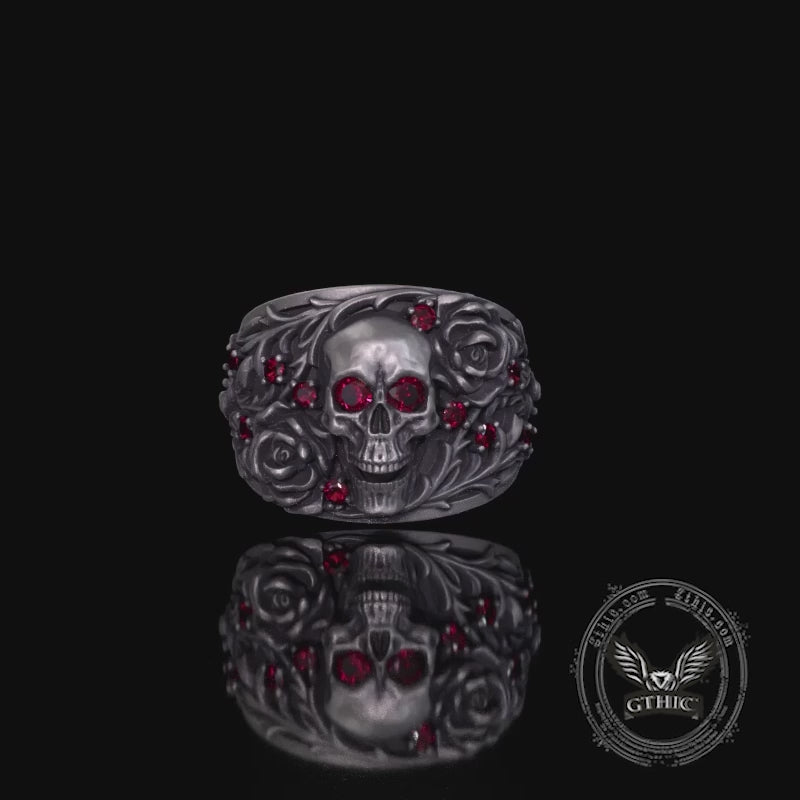 Gothic Rose Skull Sterling Silver Gemstone Ring