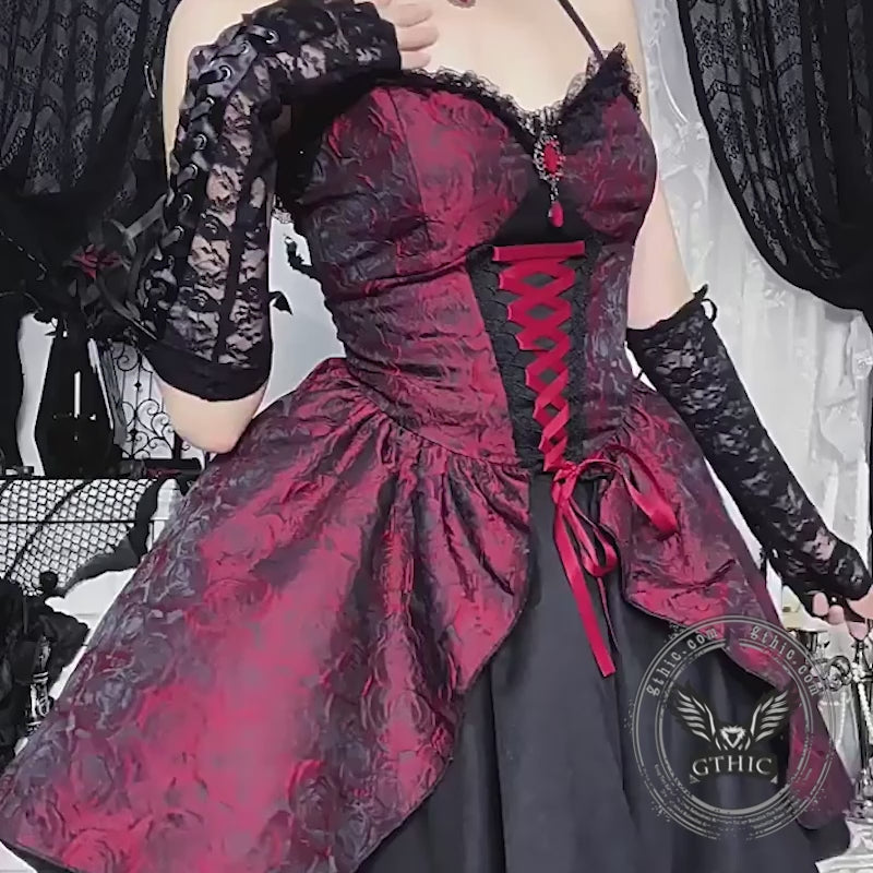 Gothic Rose Jacquard Y2K Lace-Up Slip Dress