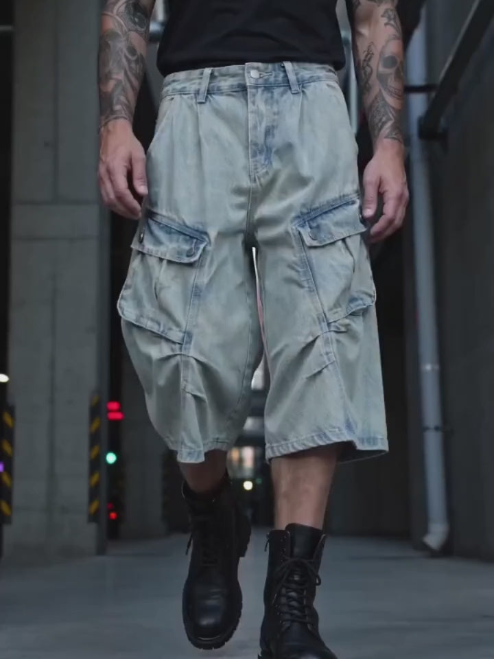 Vintage Pleated Washed Multi-Pocket Cargo Denim Shorts