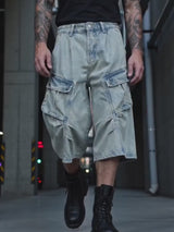 Vintage Pleated Washed Multi-Pocket Cargo Denim Shorts