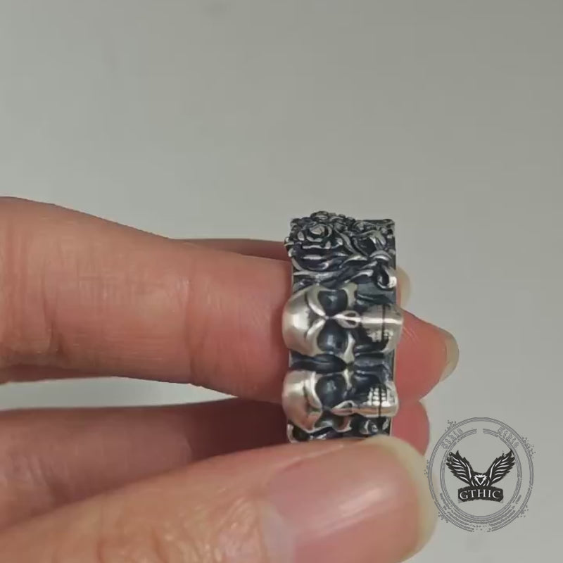 Double Skull Rose Vine Sterling Silver Ring