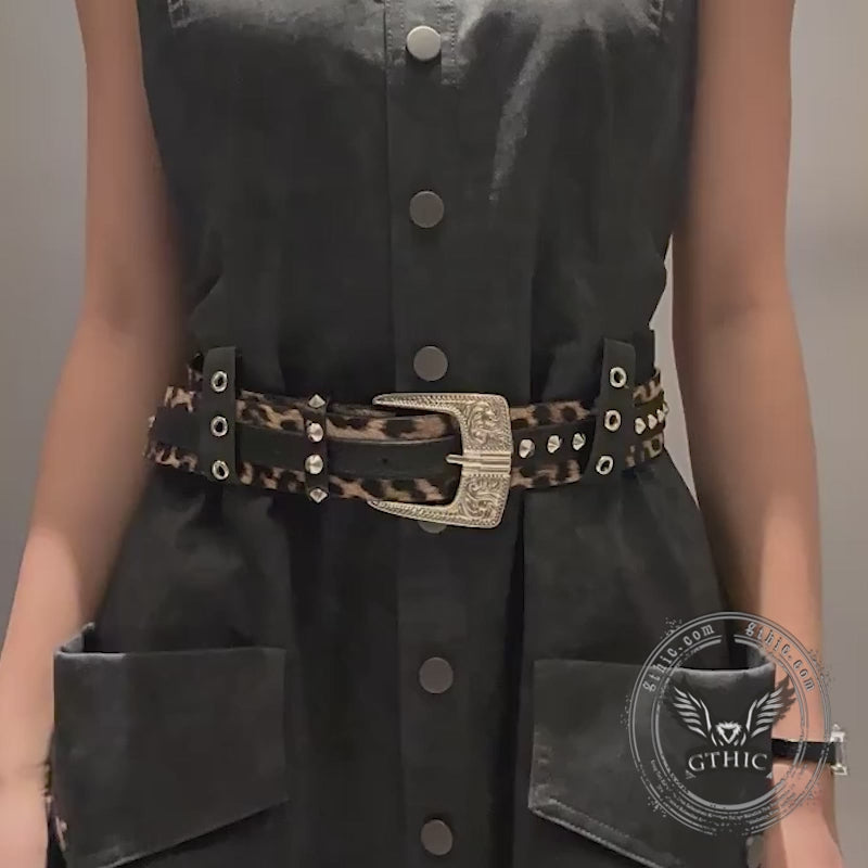 Fashion Leopard Print Rivet Splicing PU Leather Belt