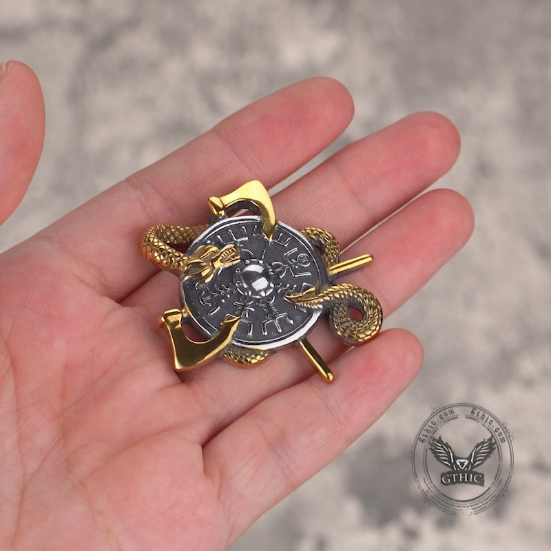 Viking Dragon Double Axe Vegvisir Stainless Steel Pendant