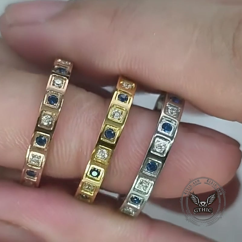 Simple Blue And White Gem-Set Stainless Steel Ring