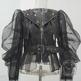 Punk Patchwork Sheer Mesh PU Leather Biker Jacket