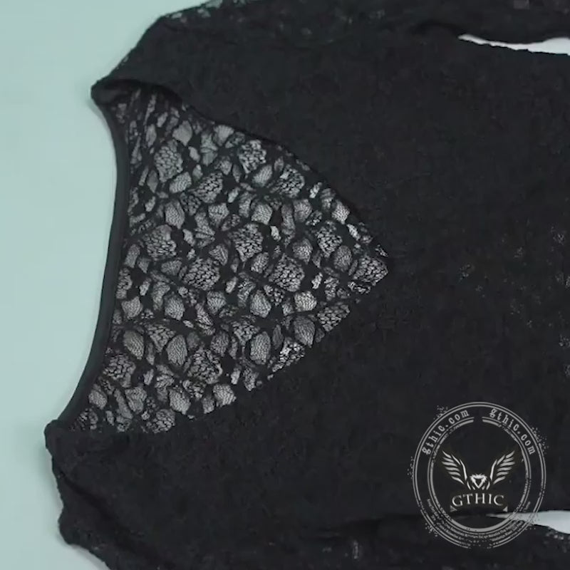 Sexy Black See-Through Lace Bell-Sleeved Top