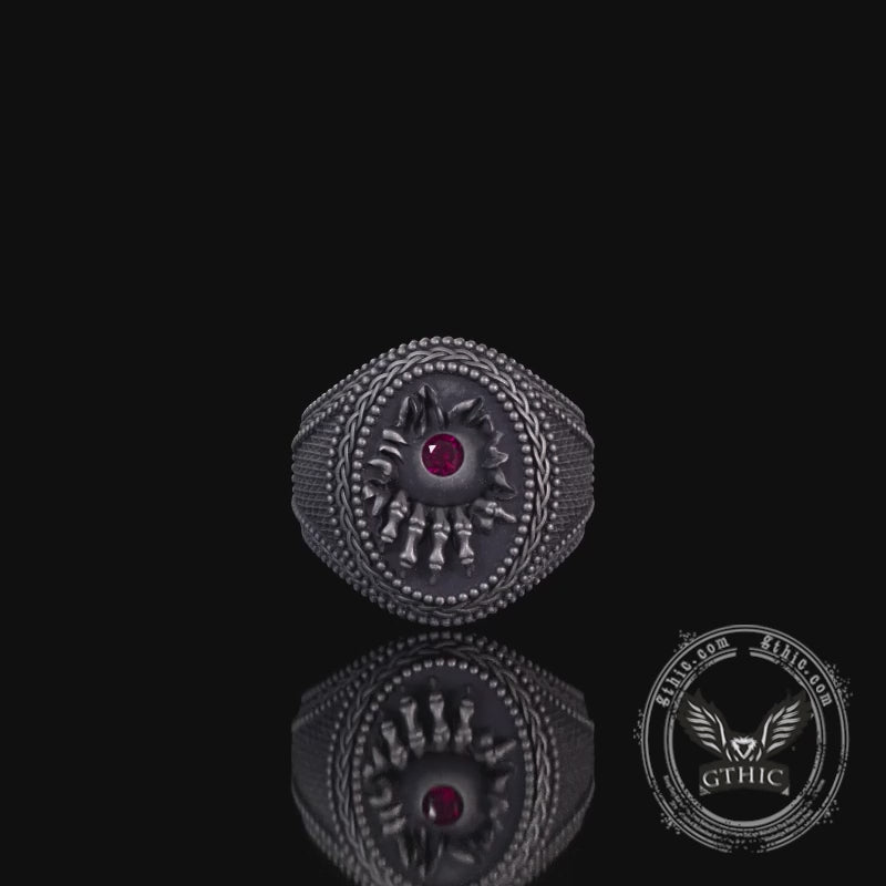 Red Zircon Eye Skull Hand Punk Sterling Silver Ring