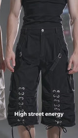 American High-Street Lace-Up Wide-Leg Cargo Shorts