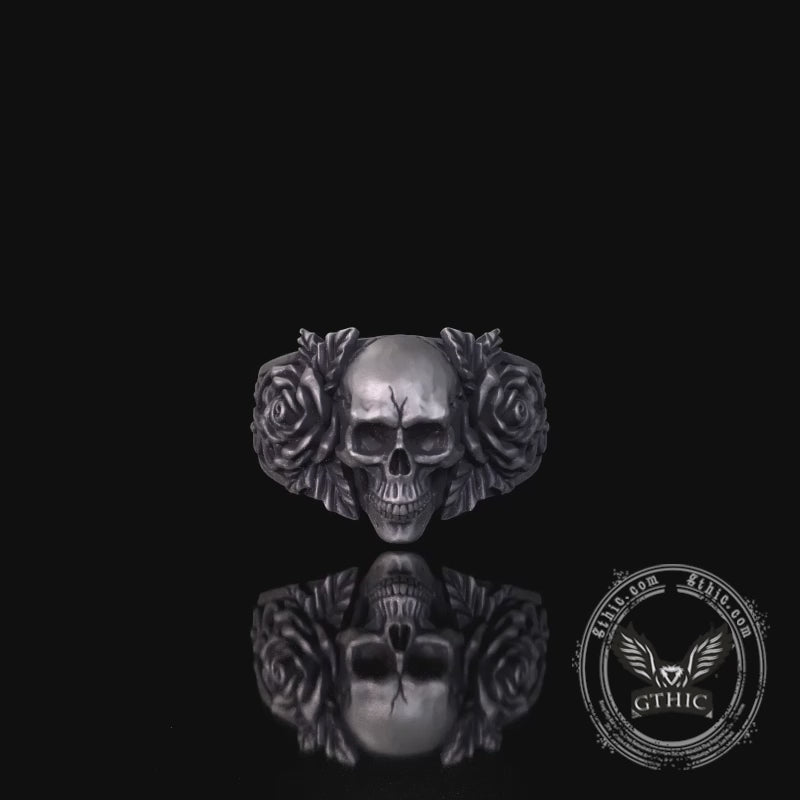 Gothic Vine Rose Skull Sterling Silver Ring