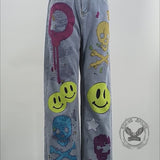 Fashion Street Graffiti Smiley Skull Print Wide-Leg Jeans