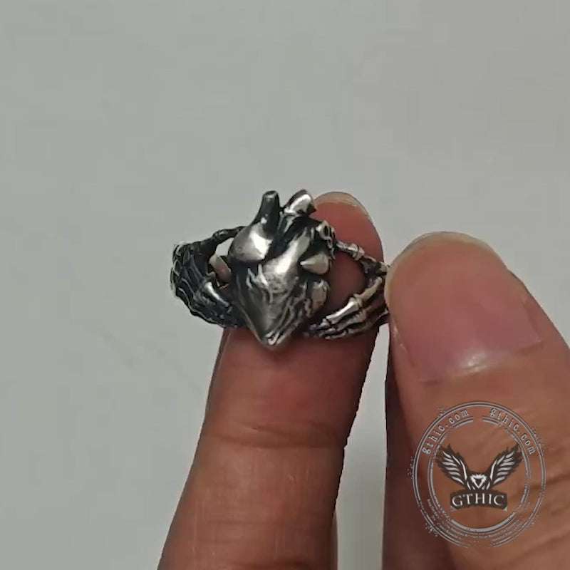 Gothic Skull Hands Holding Heart Sterling Silver Ring