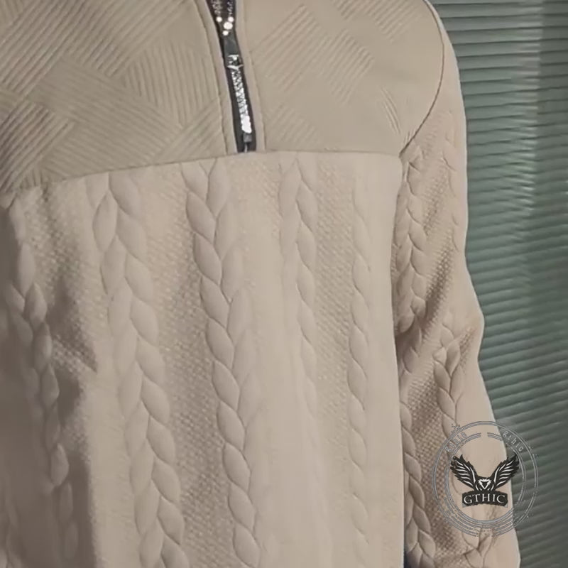 Retro Casual Stand-Collar Jacquard Half-Zip Sweatshirt