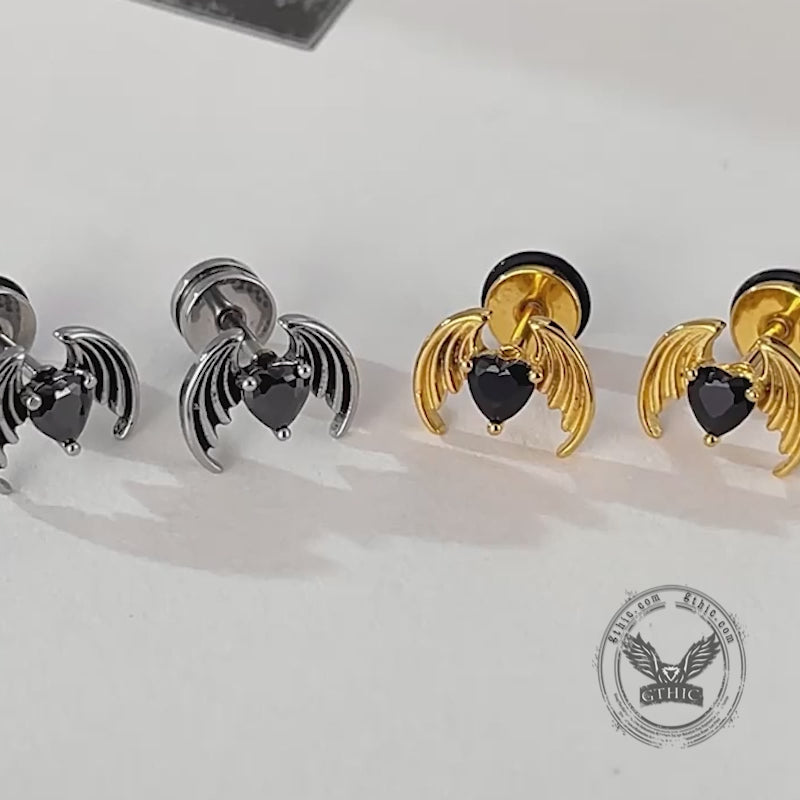 Gothic Devil Wings Heart Zircon Stainless Steel Earrings
