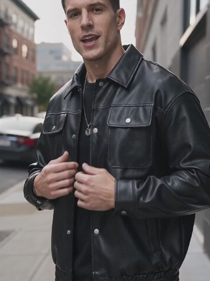 Solid Color Casual Button PU Leather Biker Jacket