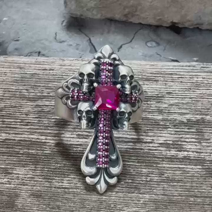 Skulls Cross Sterling Silver Ring | Gthic.com