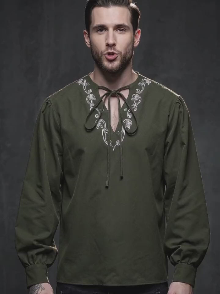 Medieval Viking Embroidered V-Neck Drawstring Shirt