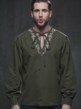 Medieval Viking Embroidered V-Neck Drawstring Shirt