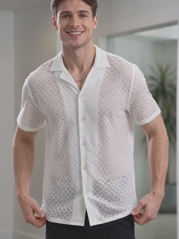 Stylish Jacquard Semi-Sheer Short-Sleeve Lapel Shirt