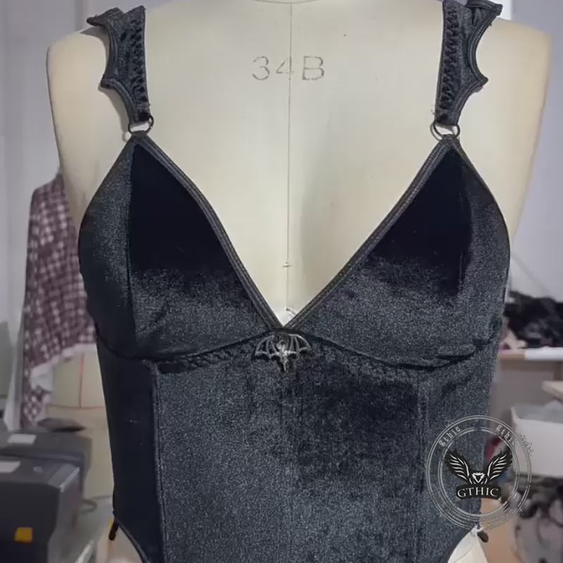 Black Gothic Bat-Embellished Camisole Velvet Corset 