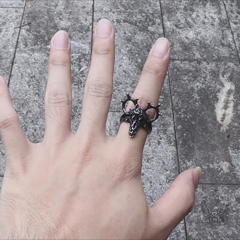 Anillo De Calavera De Acero Inoxidable Con Ciervo Y Rosa