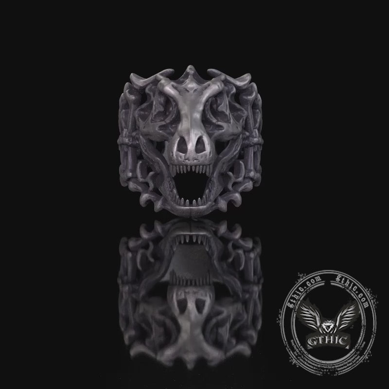 Roaring Tyrannosaurus Rex Skull Sterling Silver Ring