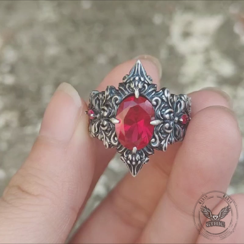 Gothic Pattern Inlaid Red Zircon Sterling Silver Ring | Gthic.com