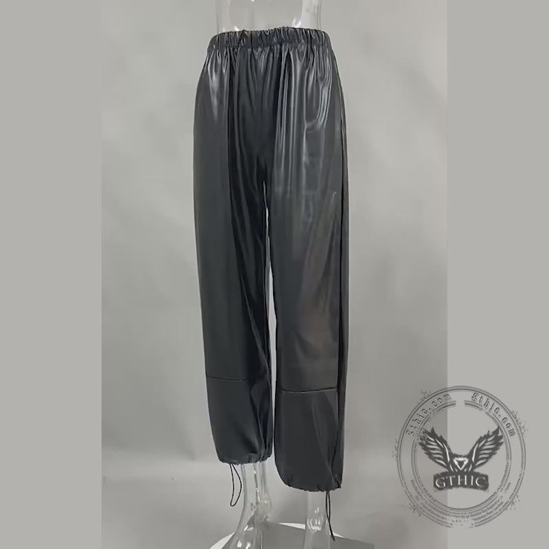 Stylish Loose-Fitting Drawstring PU Leather Lantern Pants