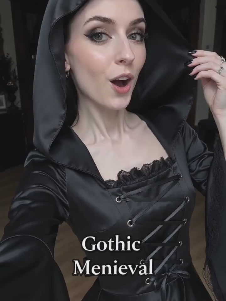 Gothic Medieval Hooded Satin Witch Cosplay Dress