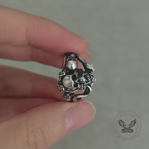 Gothic Rose Skull Snake Entwined Sterling Silver Ring