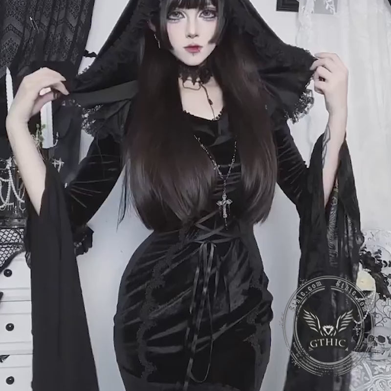 Gothic Cosplay Halloween Trumpet Sleeve Hip Cloak Dress