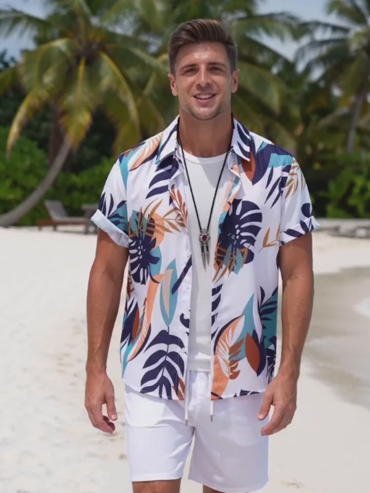 Simple Leaf Print Loose Vacation Shirt and Shorts Set