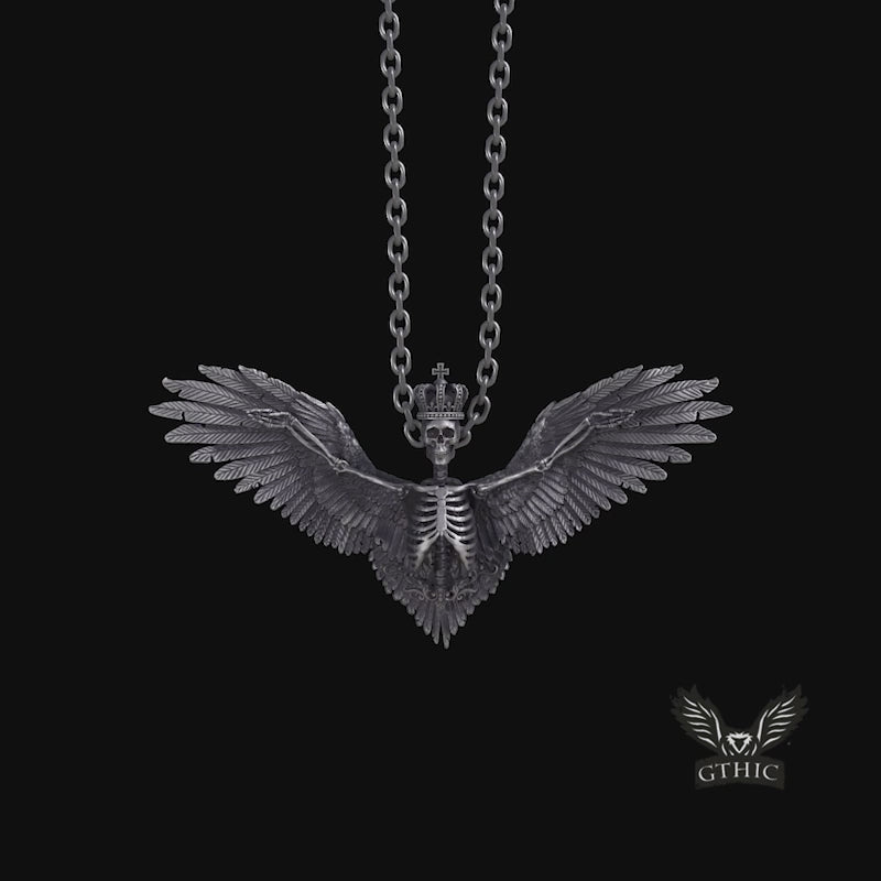 Crowned Skeleton Wings Sterling Silver Pendant