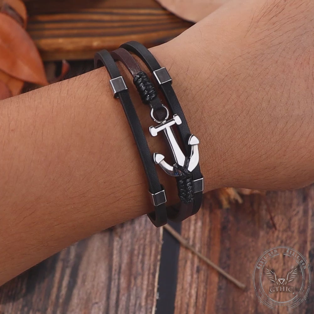 Vintage Multilayer Leather Anchor Stainless Steel Bracelet