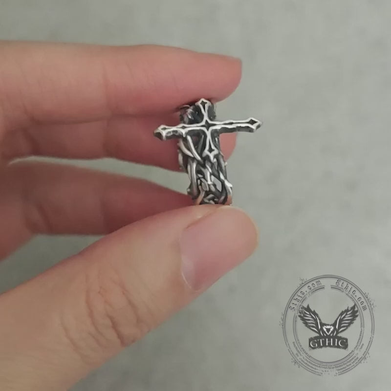 Vintage Thorns Wrapped Cross Sterling Silver Ring
