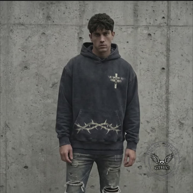 Memento Mori Skull Moth Cross Vintage Washed Hoodie