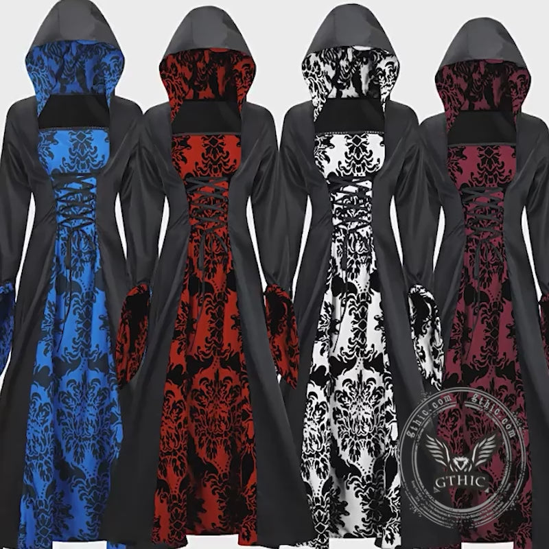 Gothic Print Palace Style Hooded Halloween Dress Costume