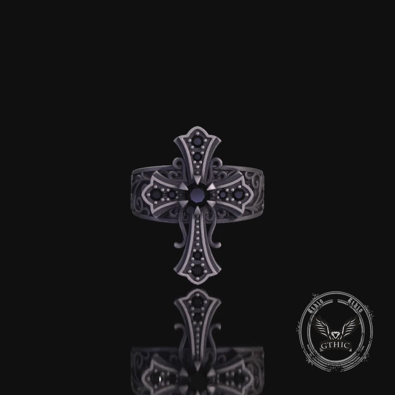 Gothic Gem Cross Vintage Sterling Silver Ring