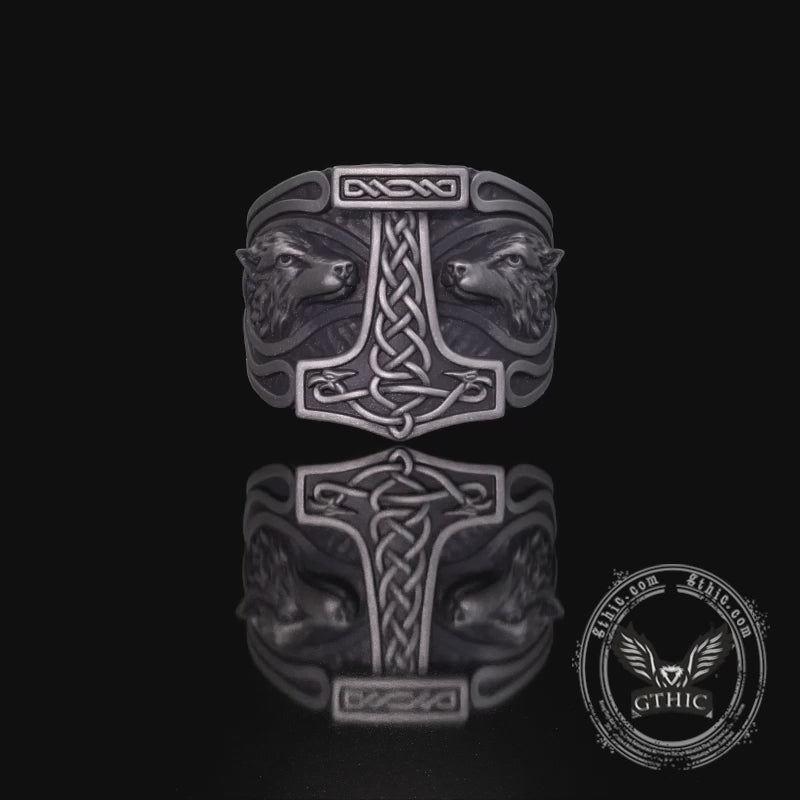 Viking Thor's Hammer Double Wolves Sterling Silver Ring