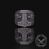 Viking Thor's Hammer Double Wolves Sterling Silver Ring