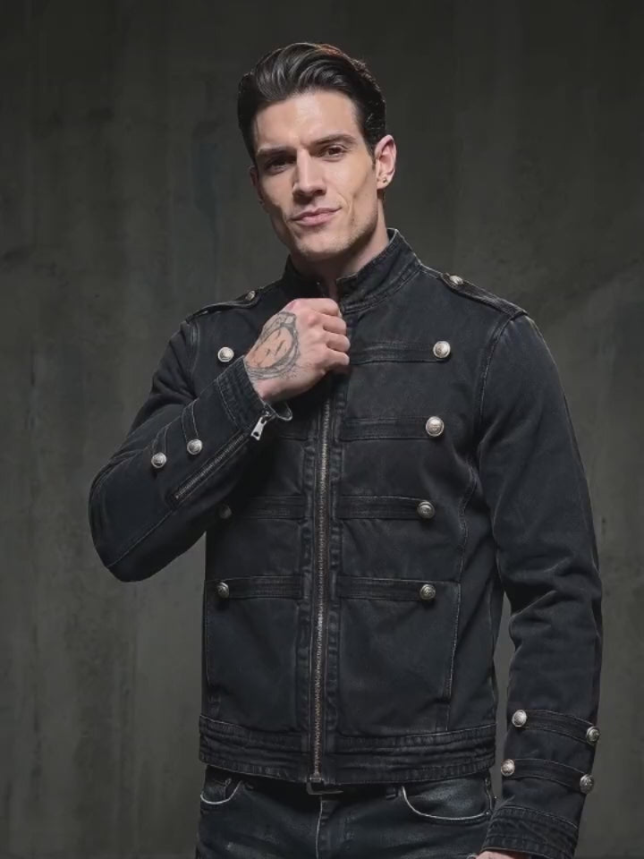 Street Button Design Patchwork Denim Biker Jacket
