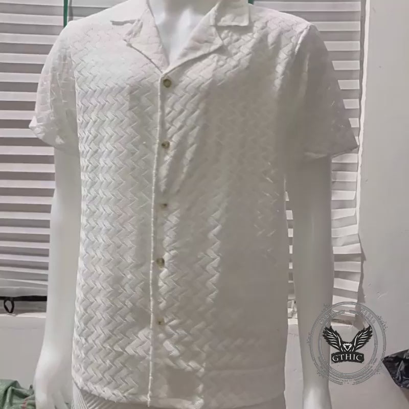 Stylish Jacquard Semi-Sheer Short-Sleeve Lapel Shirt